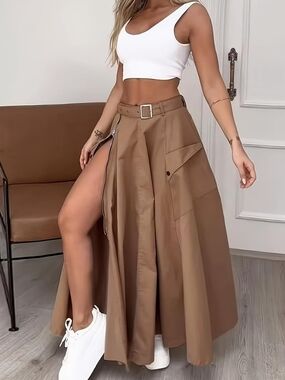 NEW- High-Waist Khaki Maxi Skirt with Side Slit and Belt With White Crop Top